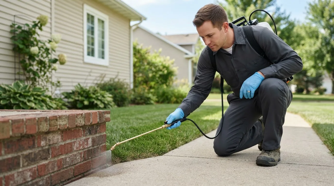 Pest control technician treating a home near New Salem, ND